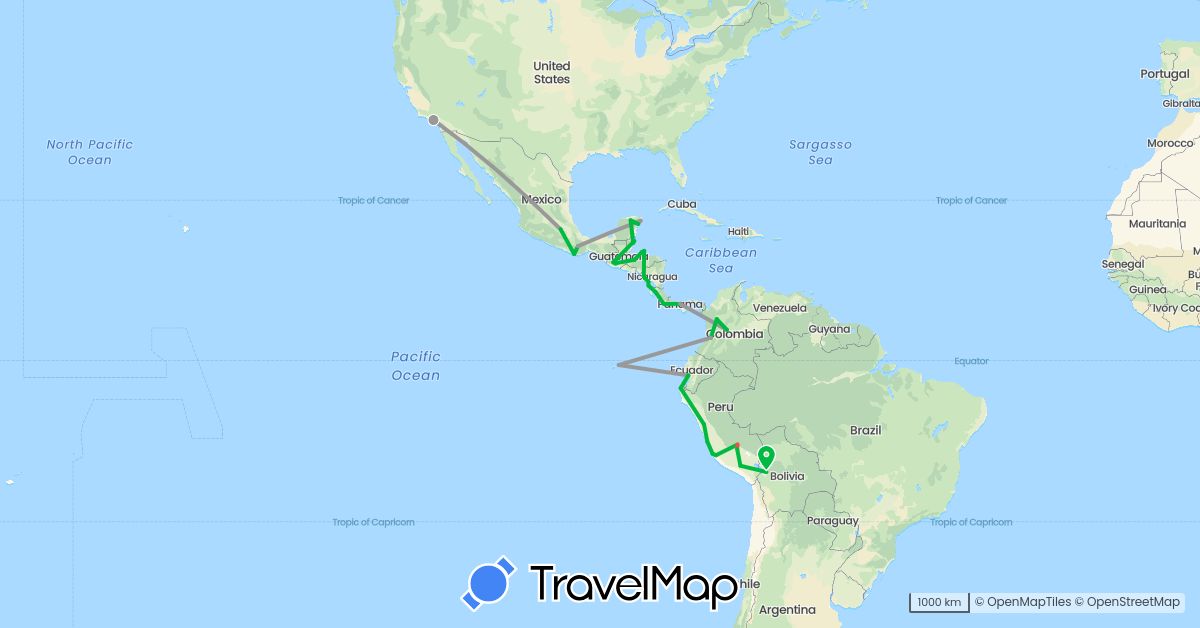 TravelMap itinerary: driving, bus, plane, hiking in Bolivia, Belize, Colombia, Costa Rica, Ecuador, Guatemala, Honduras, Mexico, Nicaragua, Panama, Peru, United States (North America, South America)